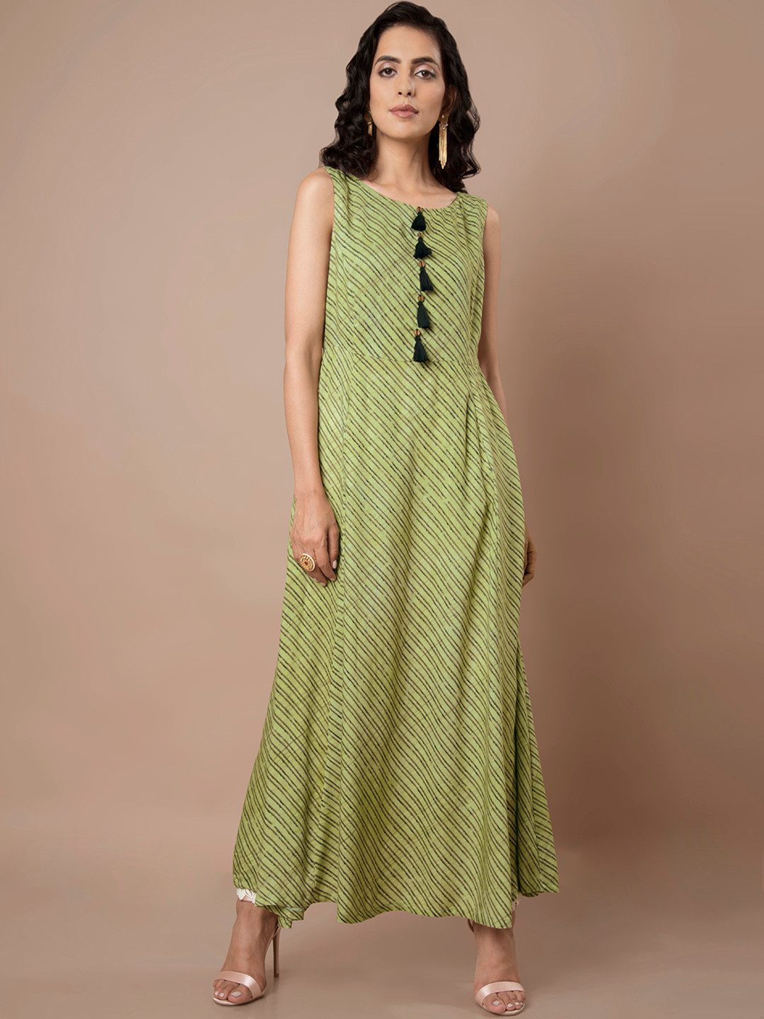 

INDYA Women Green Striped A-Line Kurta