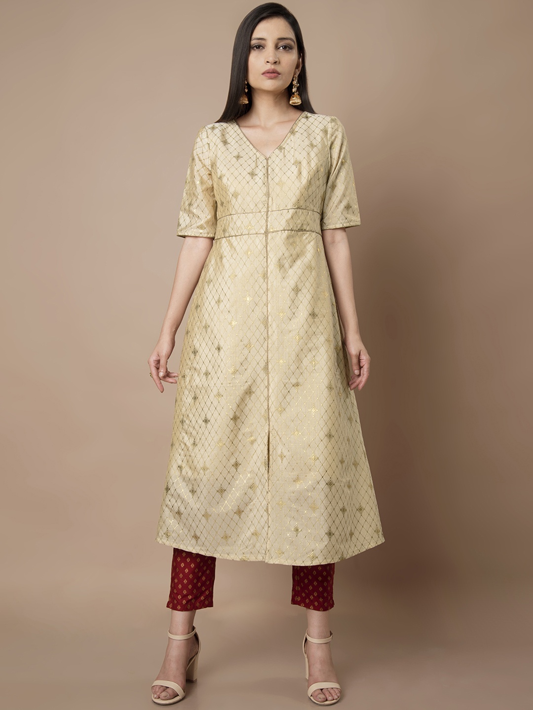 

INDYA Women Beige & Golden-Colored Embroidered A-Line Kurta