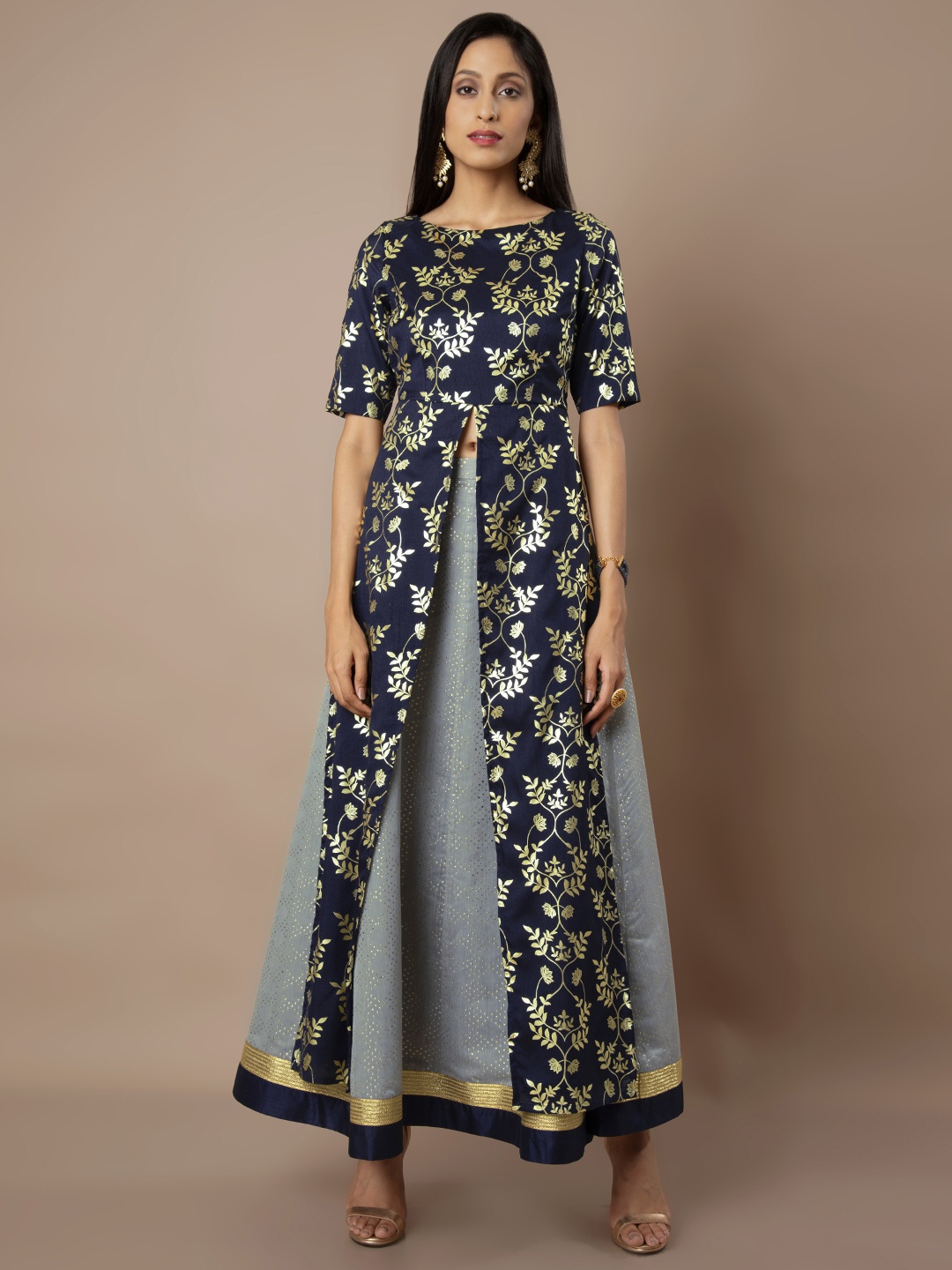 

INDYA Women Navy Blue & Golden-Coloured Printed Anarkali Kurta