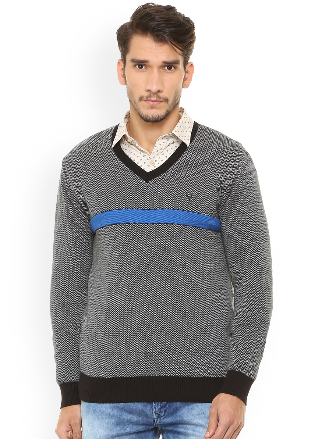

Allen Solly Men Grey Self Design Pullover Sweater