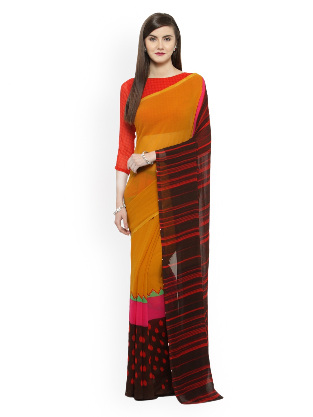 

Shaily Pink & Yellow Pure Georgette Striped Saree