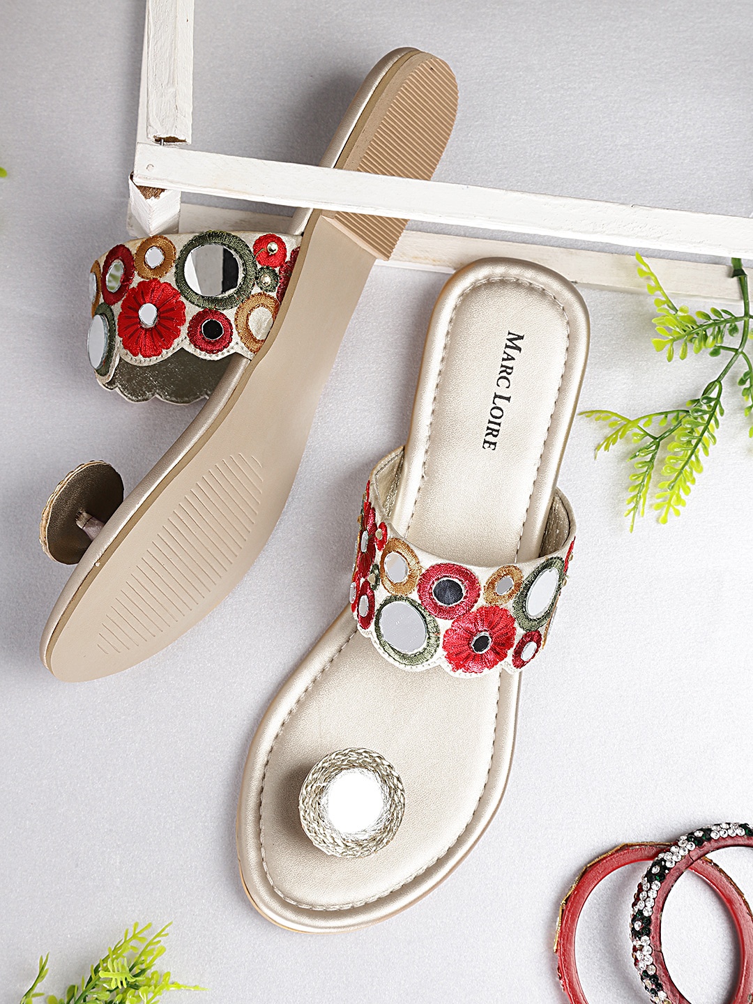

Marc Loire Women Red & Gold-Toned Woven Design Open Toe Flats With Mirror Work