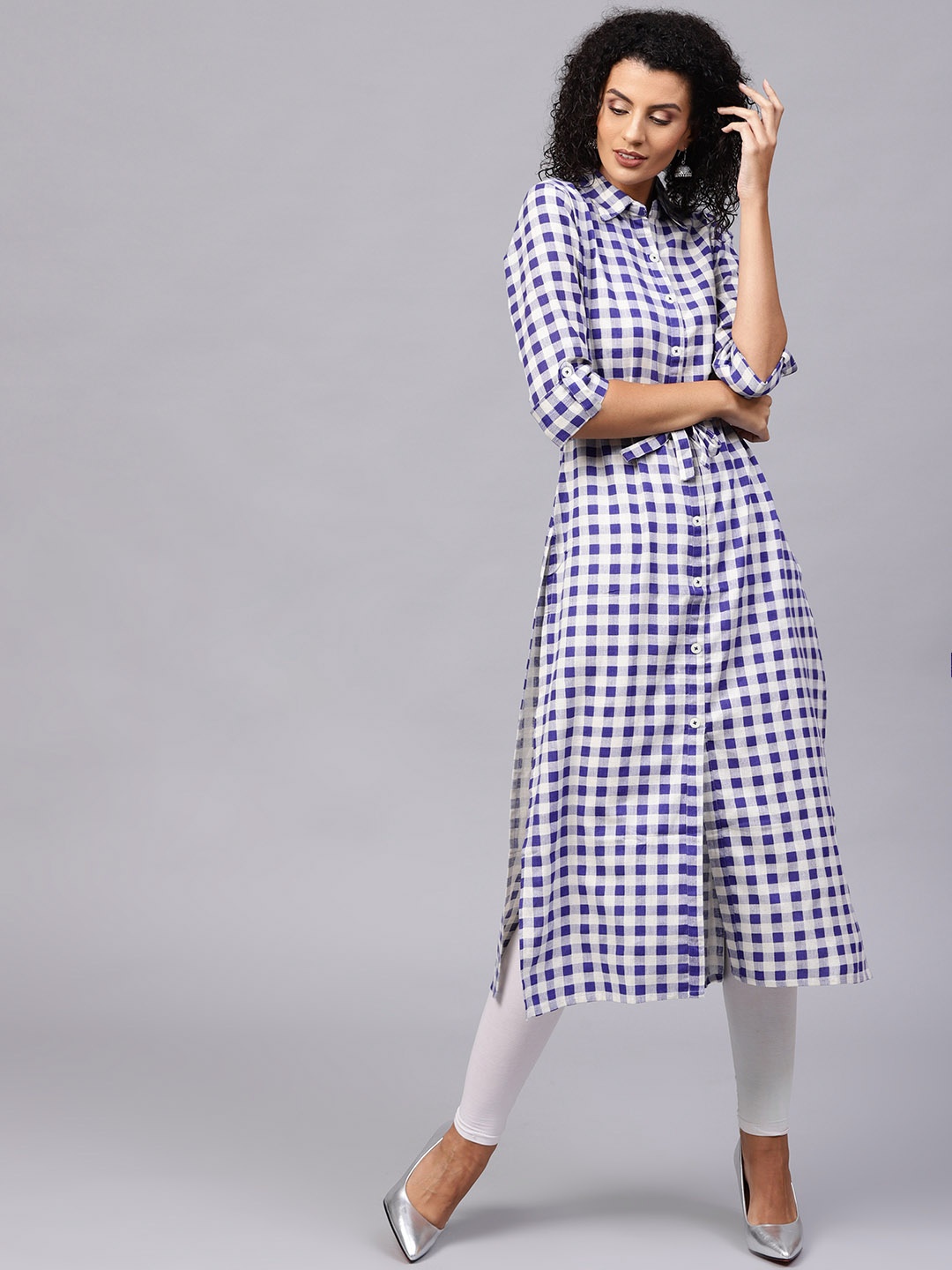 

ANAISA Women Blue & White Checked Straight Kurta