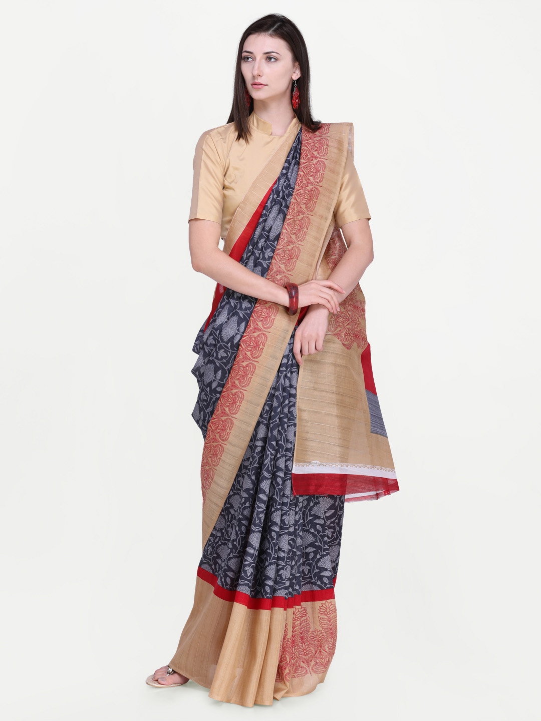 

Triveni Women Grey & Beige Art Silk Printed Saree