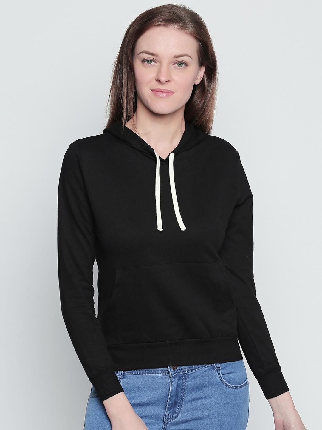 

The Dry State Women Black Solid Hooded Sweatshirt