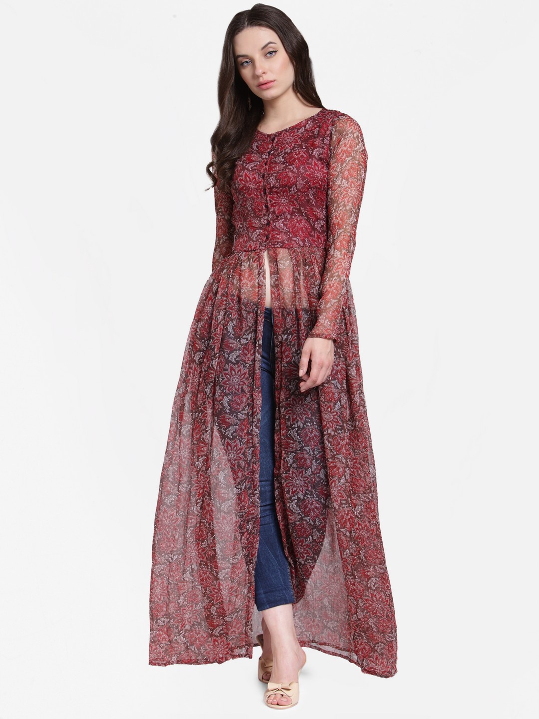 

Cation Maroon Printed Longline Tunic