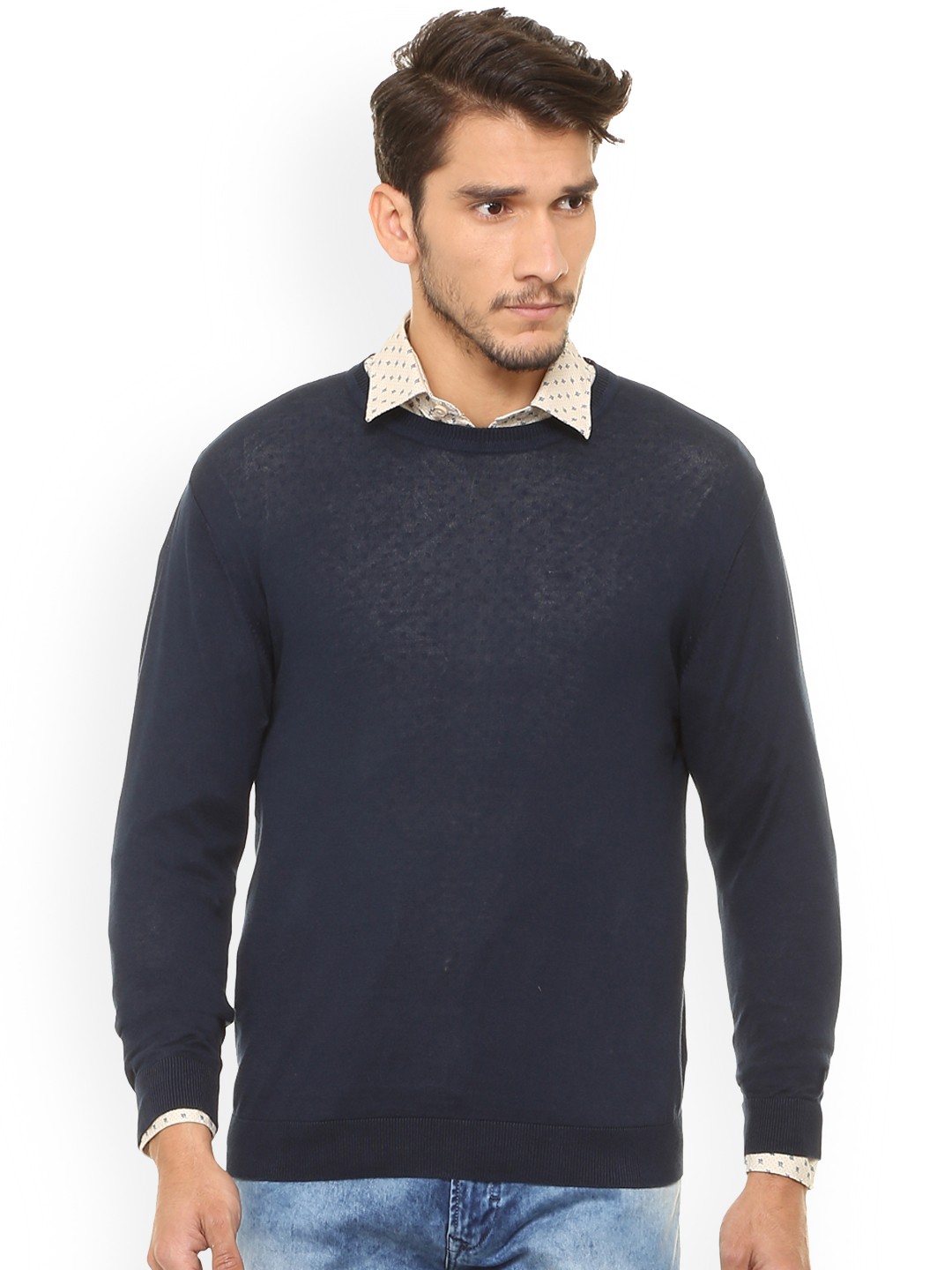 

V Dot Men Navy Blue Self Design Pullover