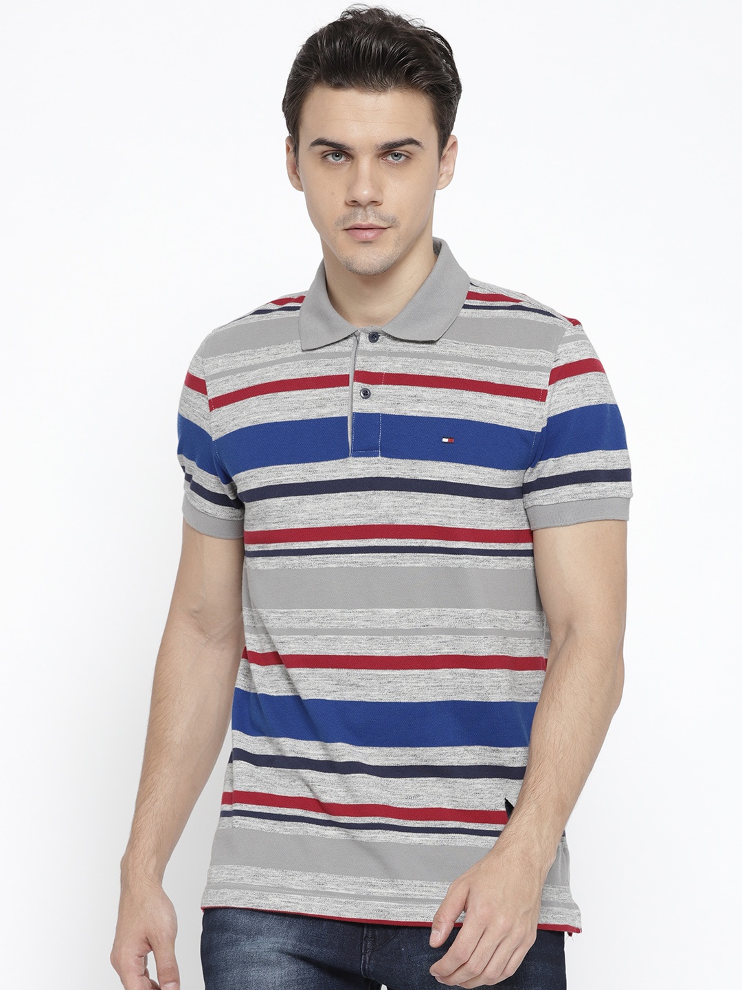 

Tommy Hilfiger Men Grey & Blue Striped Polo Collar T-shirt