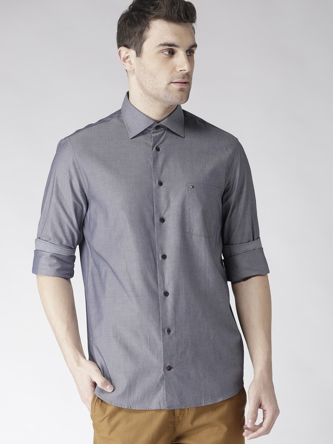 

Tommy Hilfiger Men Navy Blue Tailored Fit Self Design Smart Casual Shirt