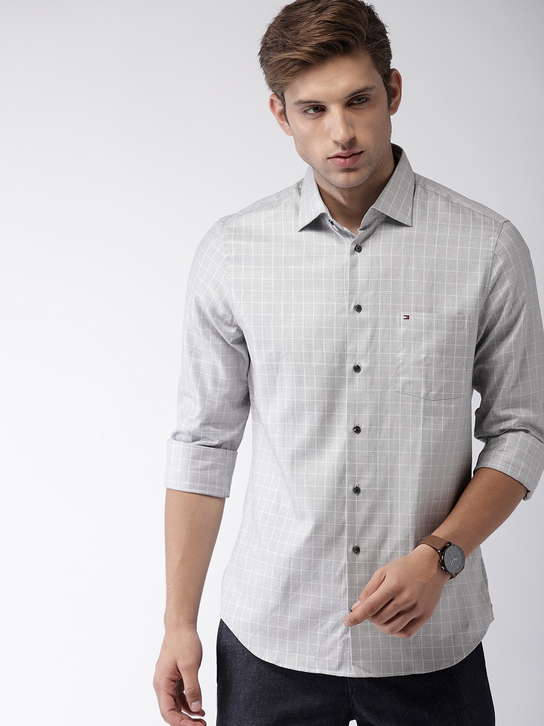 

Tommy Hilfiger Men Grey Slim Fit Checked Casual Shirt