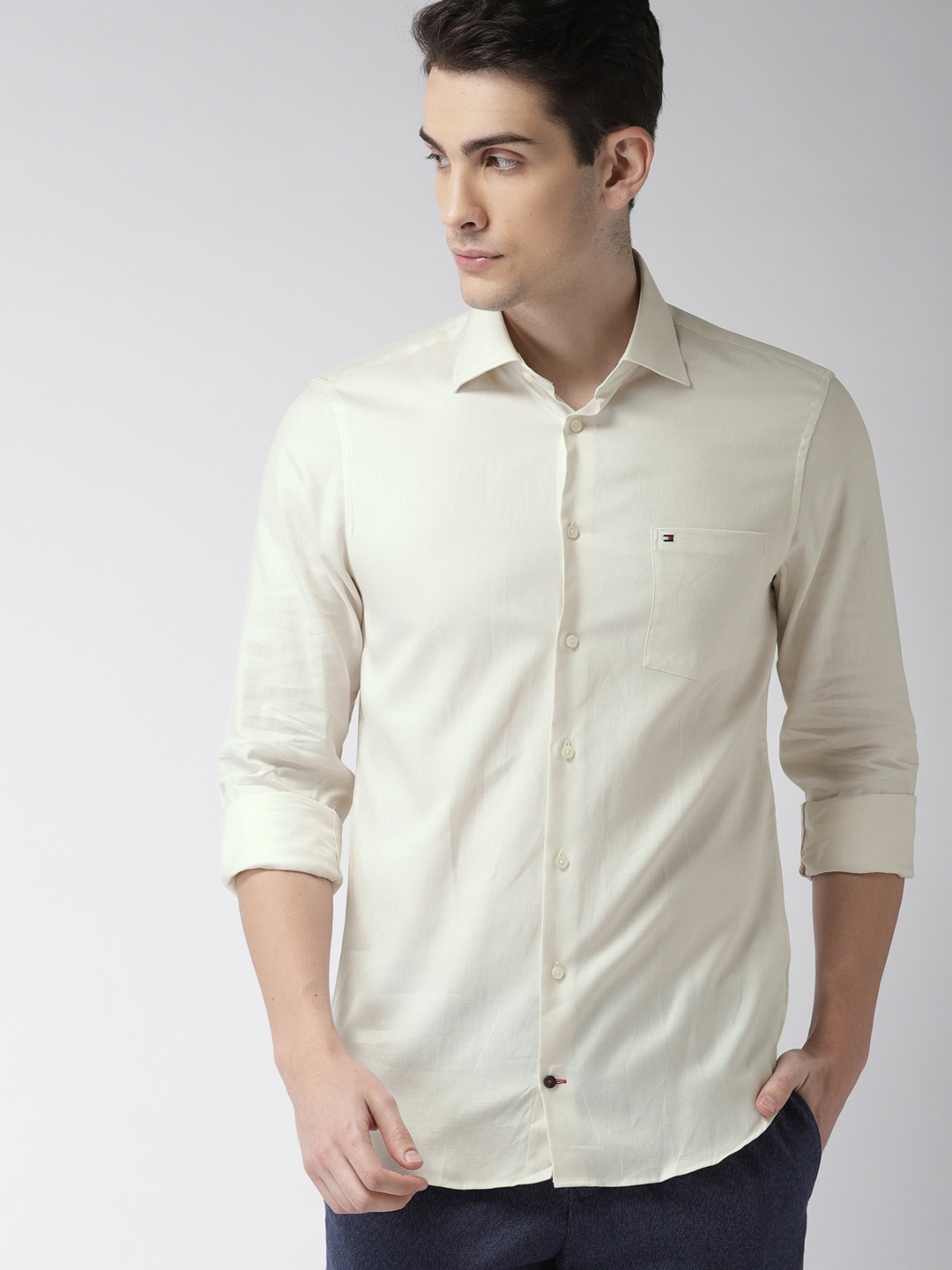 

Tommy Hilfiger Men Off-White Slim Fit Solid Casual Shirt