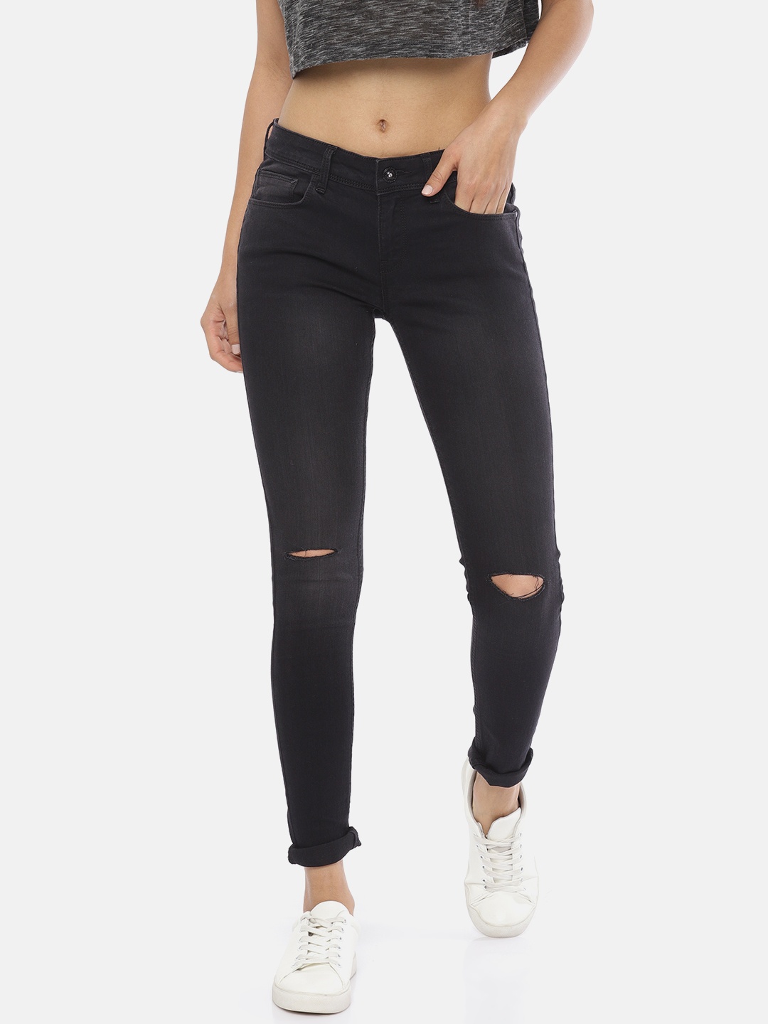 

Jealous 21 Women Black Super Skinny Fit Mid-Rise Slash Knee Stretchable Jeans