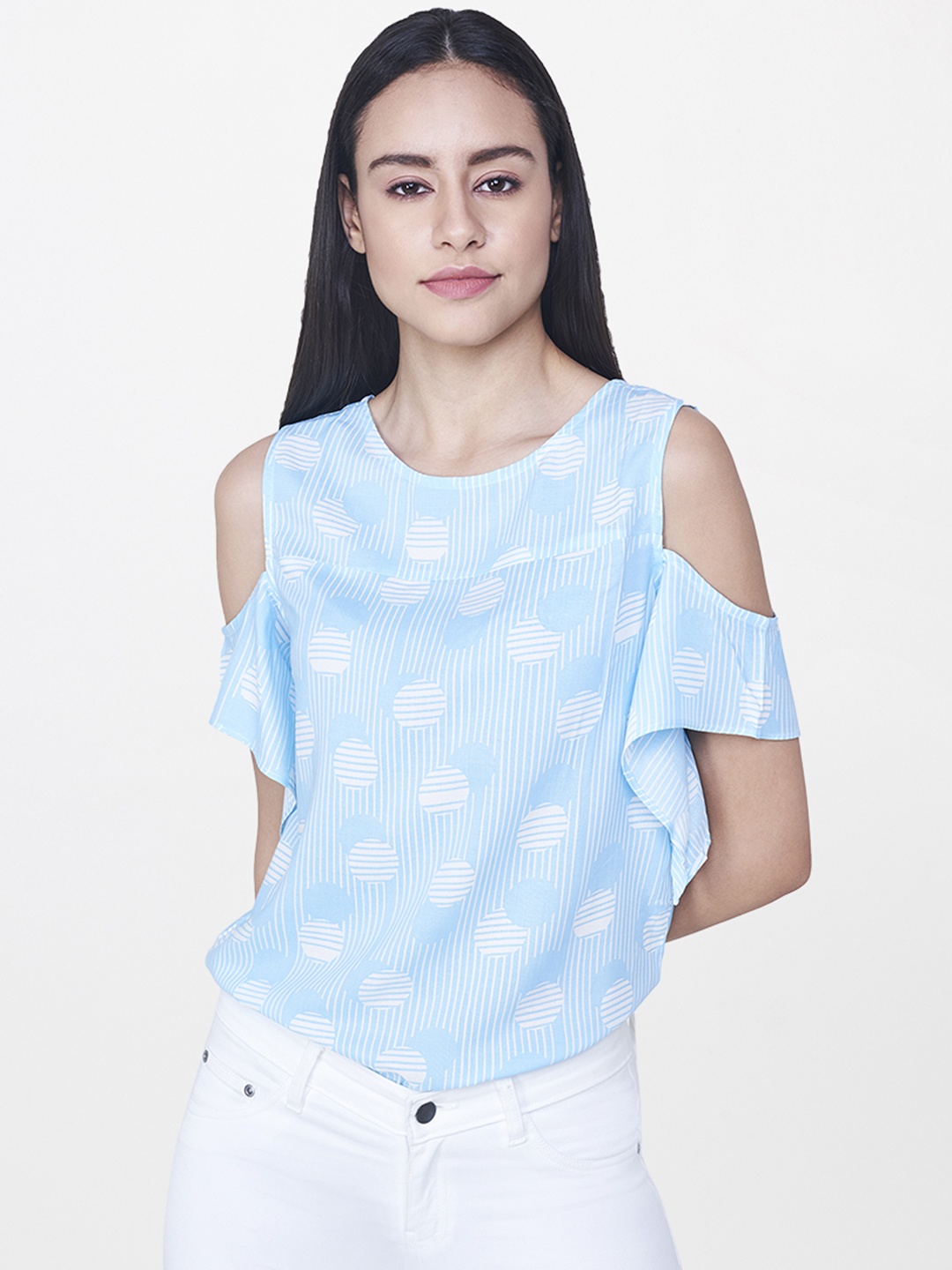 

AND Women Blue & White Printed Top