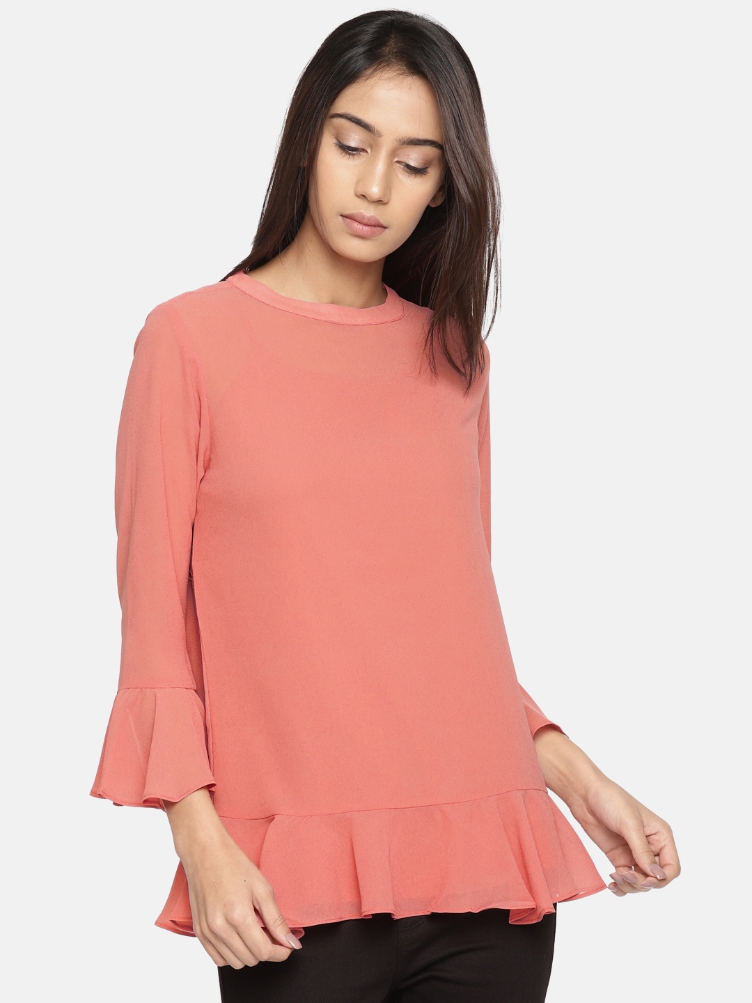 

AND Women Rust Pink Solid Peplum Top