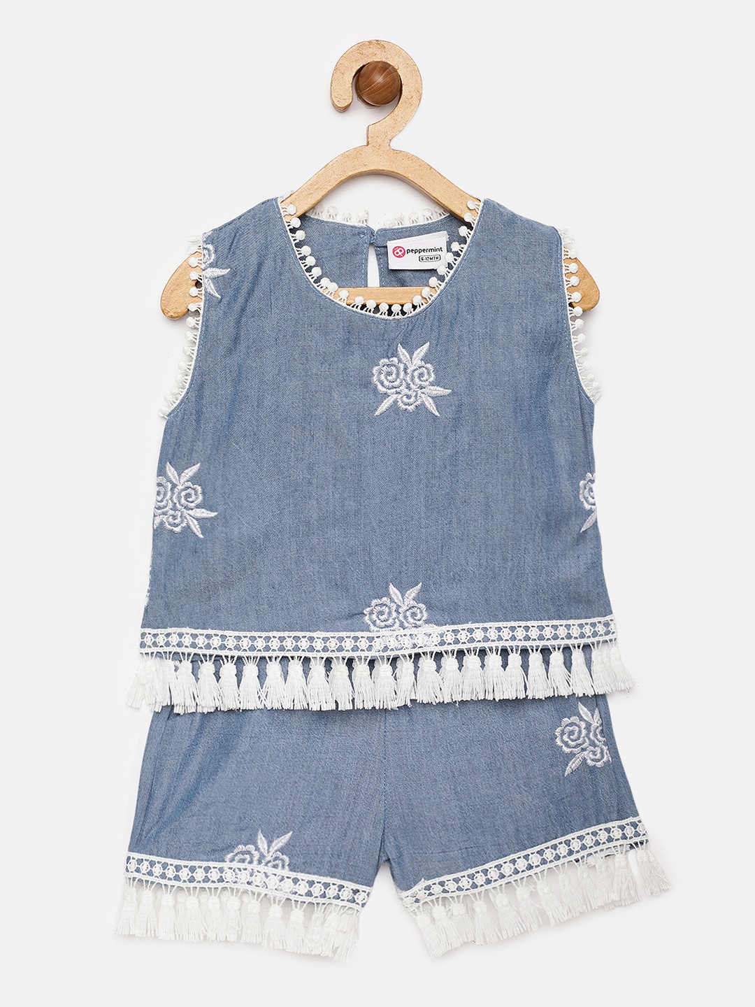 

Peppermint Girls Blue Embroidered & Tasselled Top with Shorts
