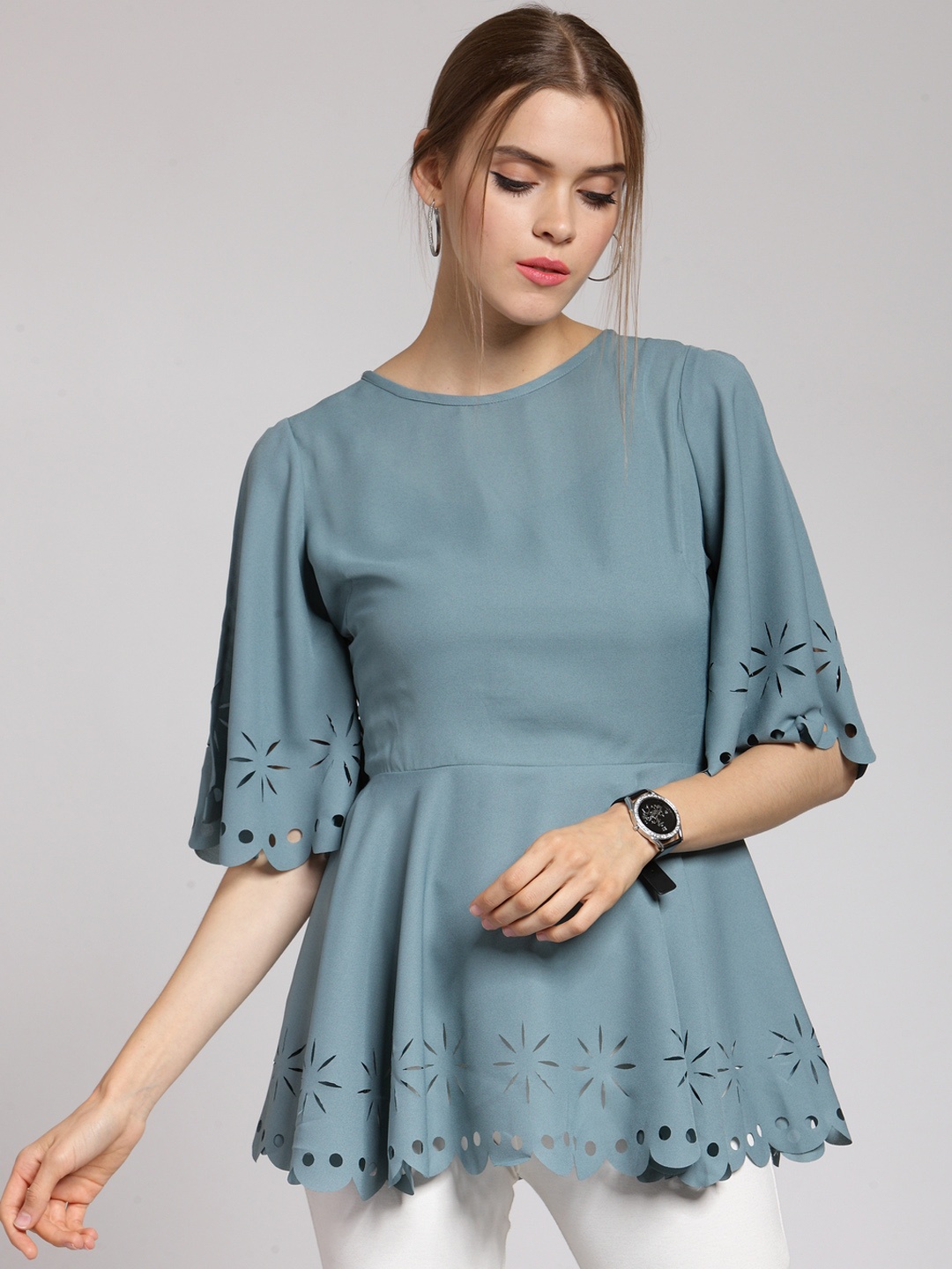 

plusS Women Grey Solid Peplum Top