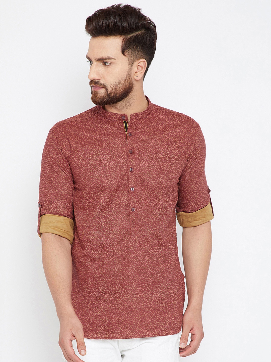 

even Men Maroon Printed Straight Kurta