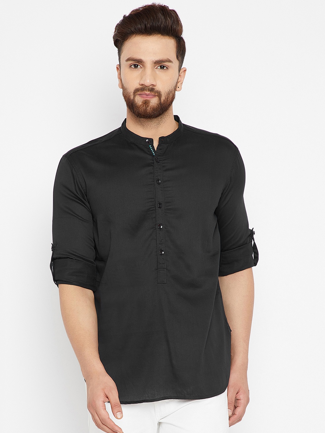 

even Men Black Solid Straight Kurta