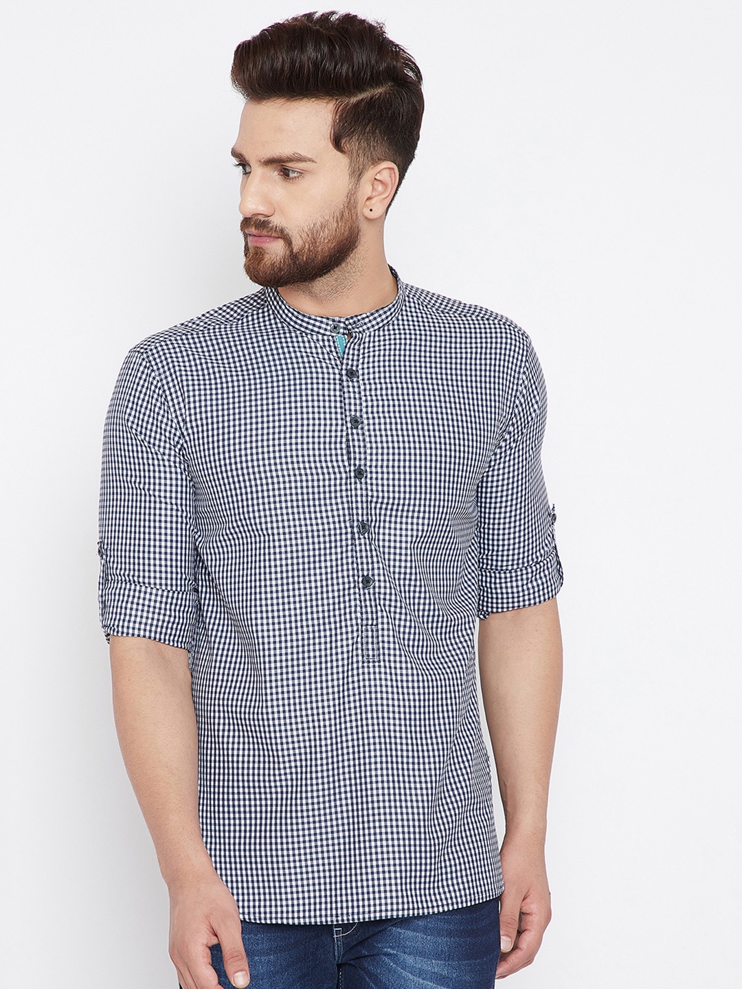 

even Men Blue Checked Straight Kurta