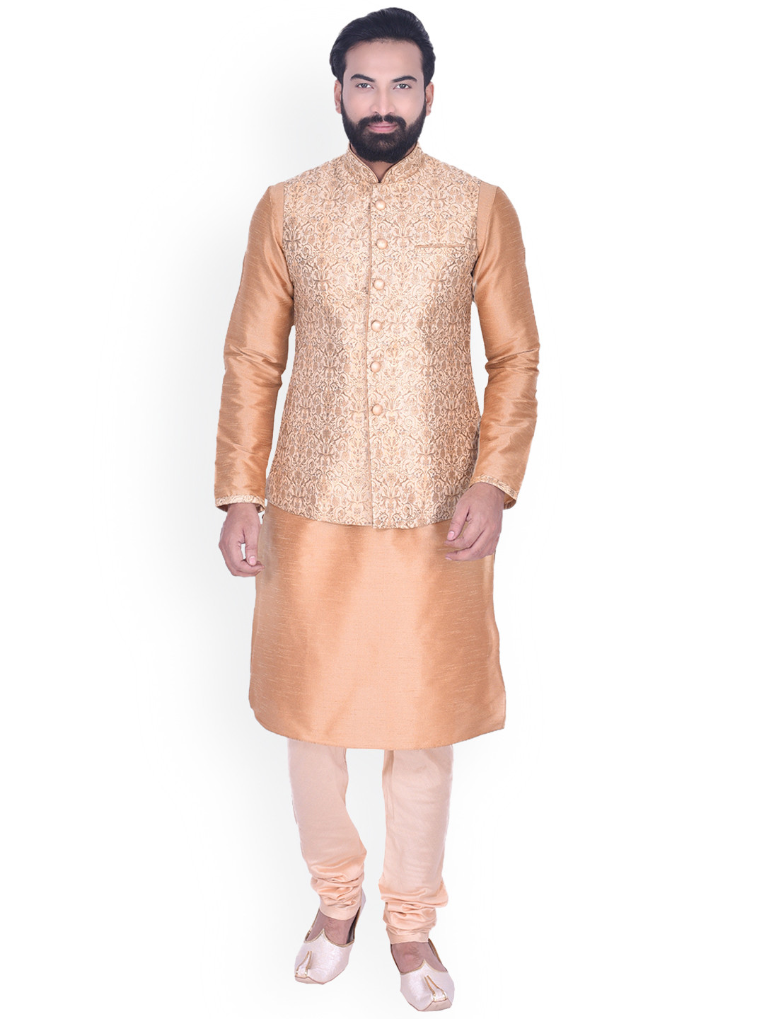 

Manyavar Men Beige Self Design Kurta & Churidar with Nehru Jacket
