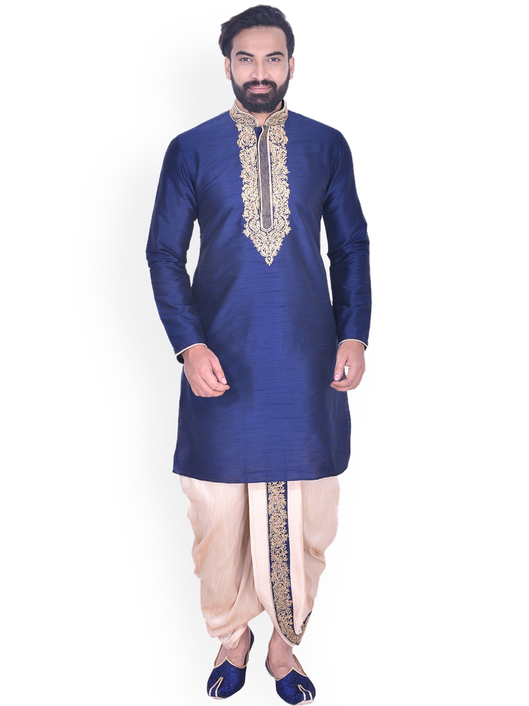 

Manyavar Men Navy Blue & Beige Embroidered Kurta with Dhoti Pants