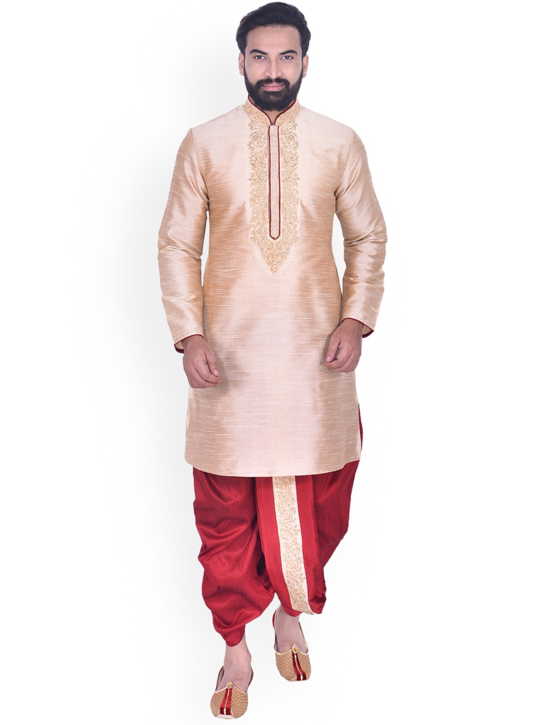 

Manyavar Men Beige & Red Embroidered Kurta with Dhoti Pants