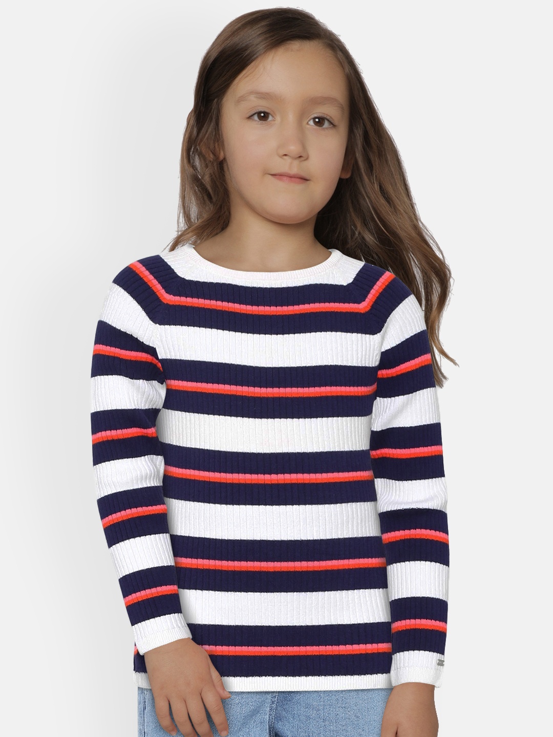

Tommy Hilfiger Girls White & Navy Blue Striped Pullover Sweater