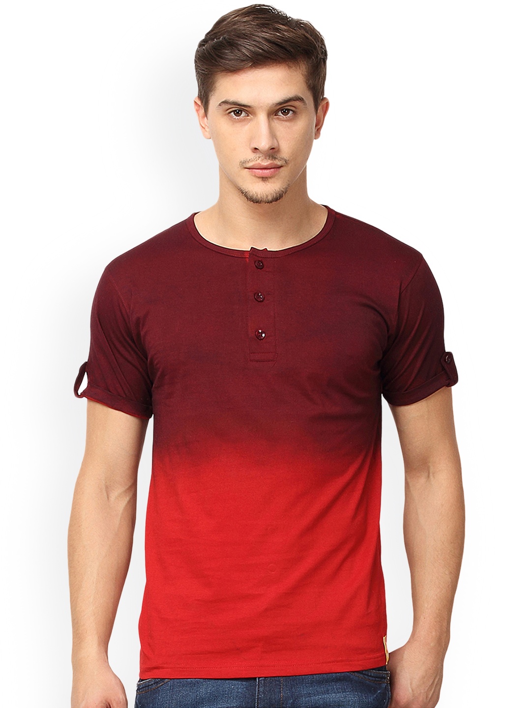 

Campus Sutra Men Maroon & Red Dyed Henley Neck T-shirt