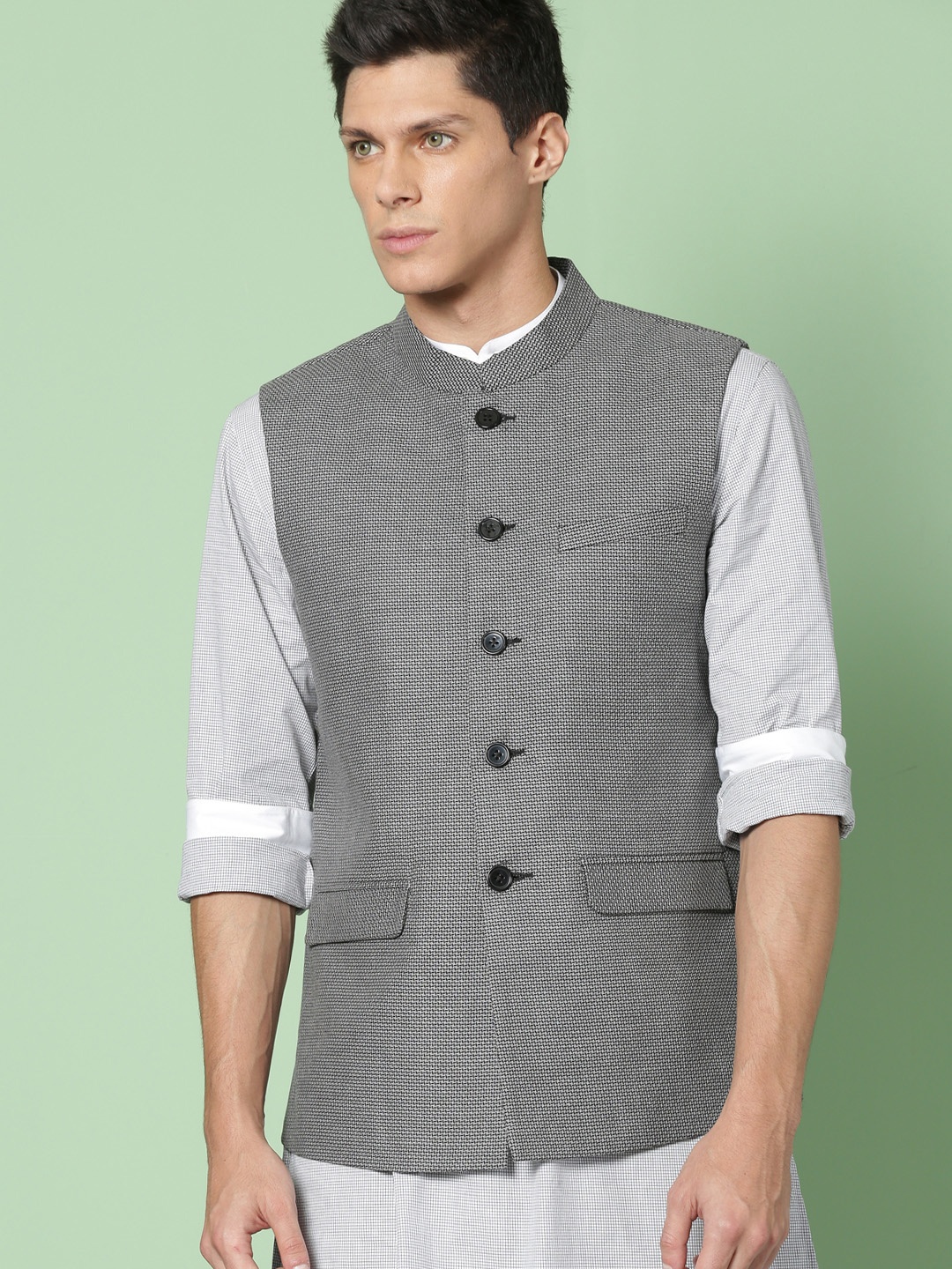 

House of Pataudi Men Black & Grey Woven Design Nehru Jacket