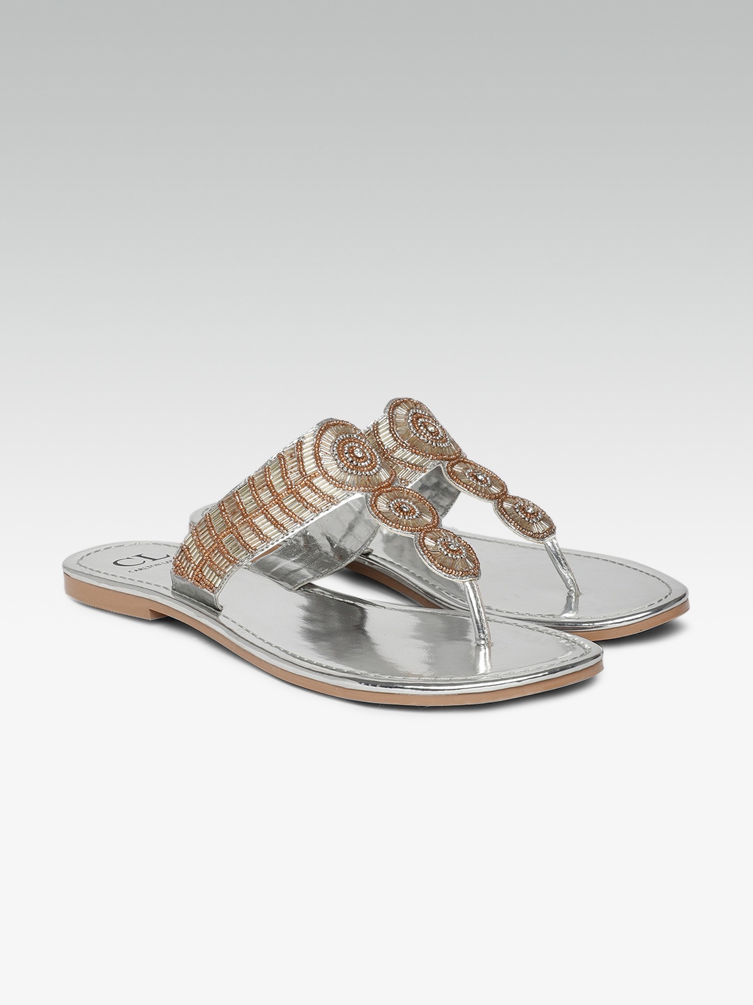 

Carlton London Women Silver-Toned Embellished Open Toe Flats