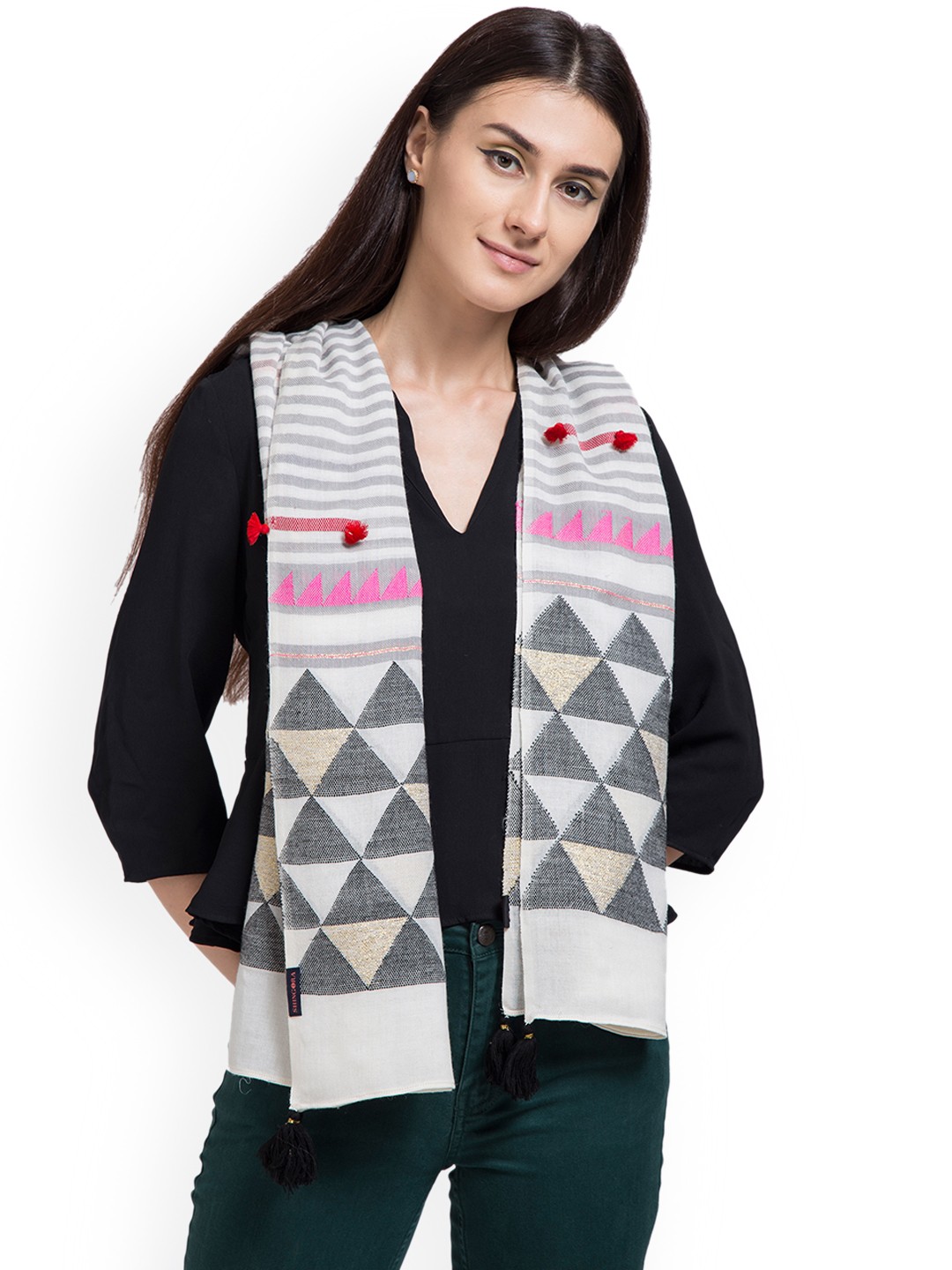 

SHINGORA Women Off-White & Black Woven Design Stole
