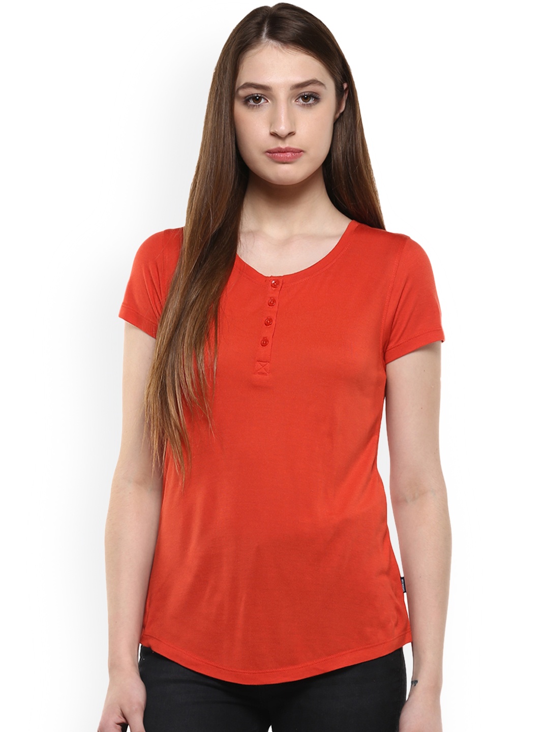 

Crimsoune Club Women Red Solid Henley Neck T-shirt