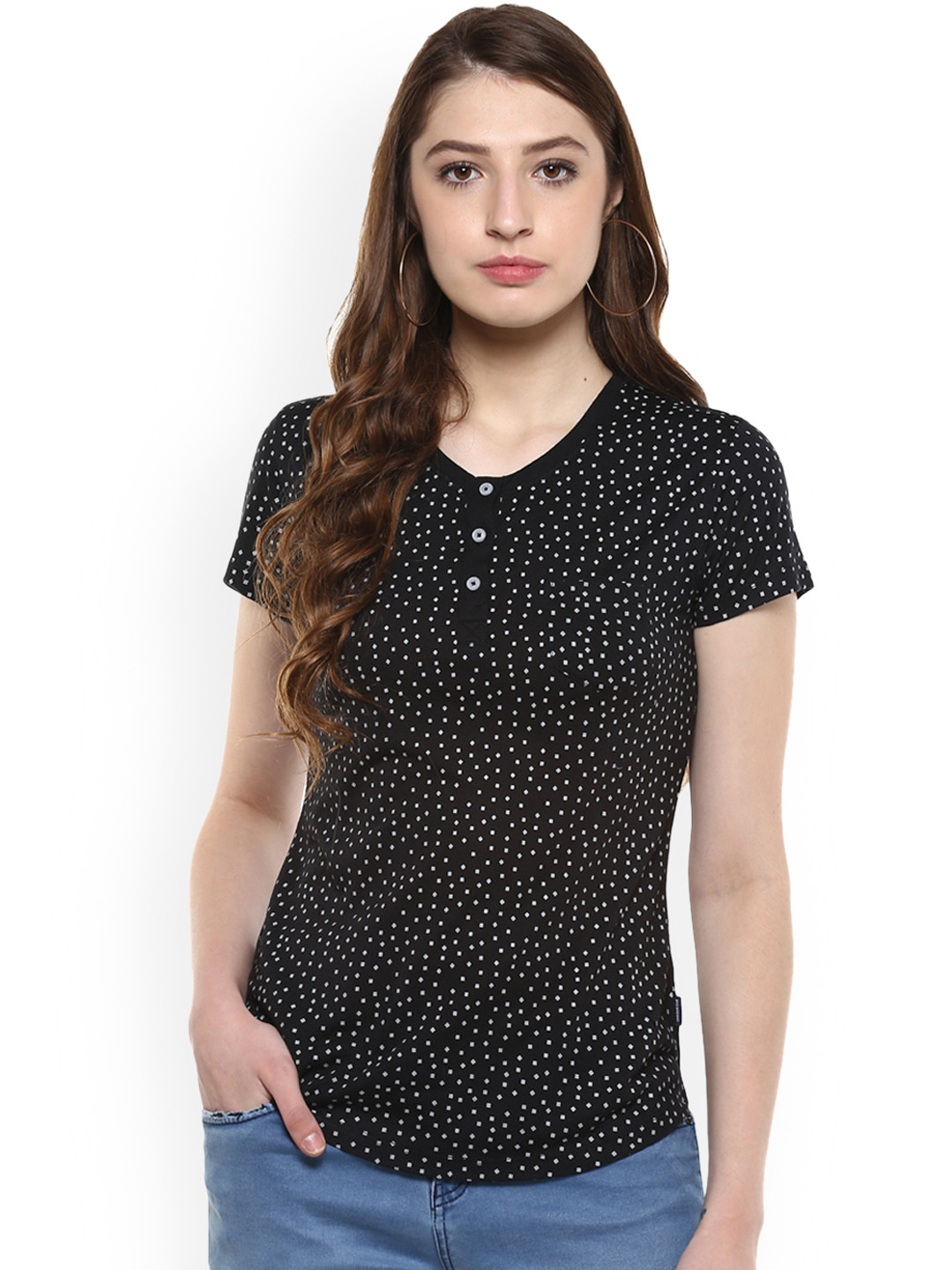

Crimsoune Club Women Black Printed Henley Neck T-shirt