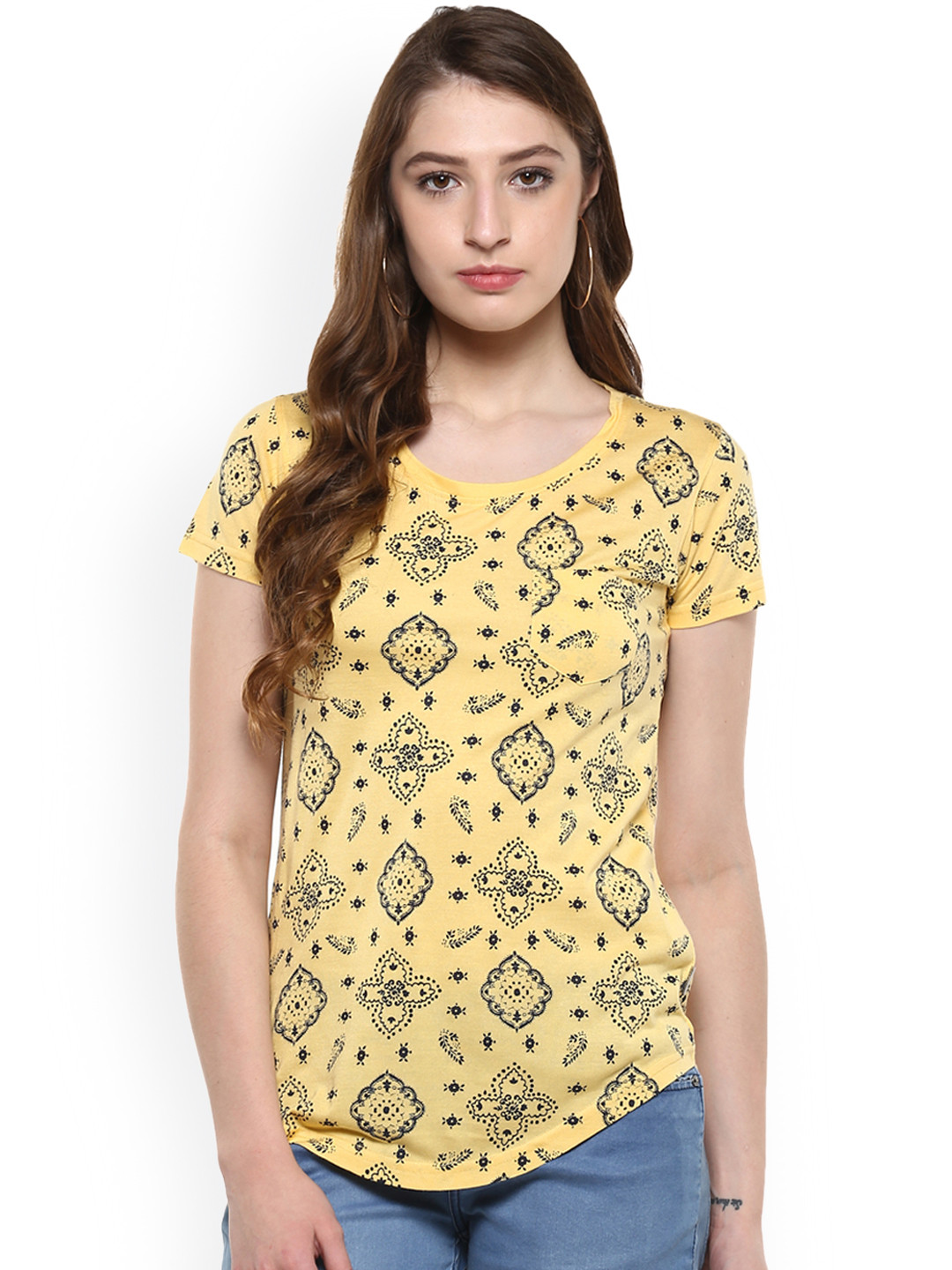 

Crimsoune Club Women Yellow Printed Round Neck T-shirt