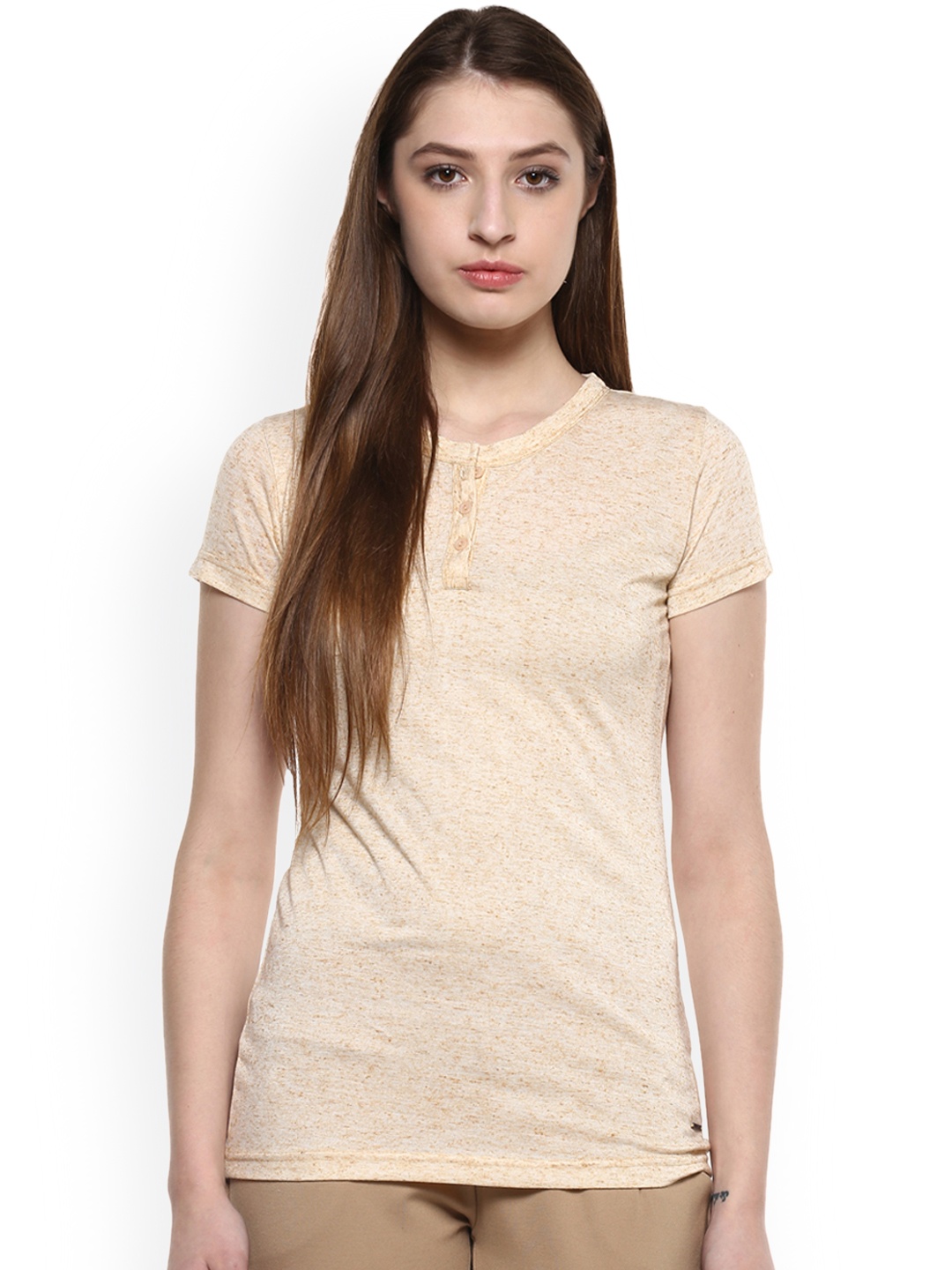 

Crimsoune Club Women Cream-Coloured Solid Henley Neck T-shirt