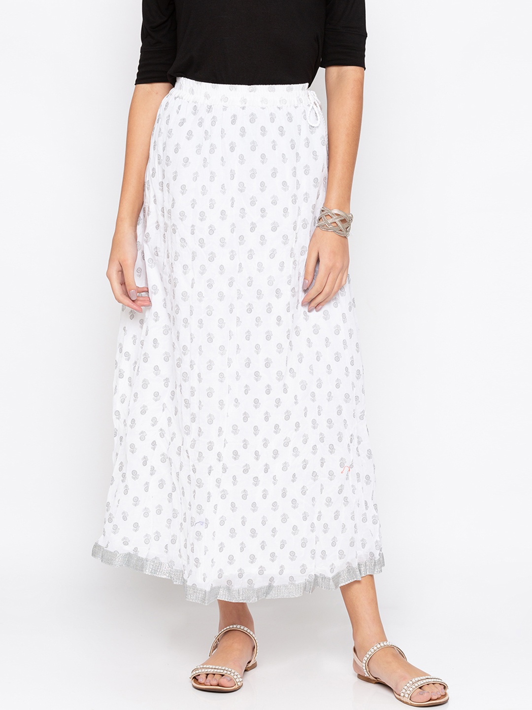 

Globus Women White Floral Print Flared Midi Pure Cotton Skirt