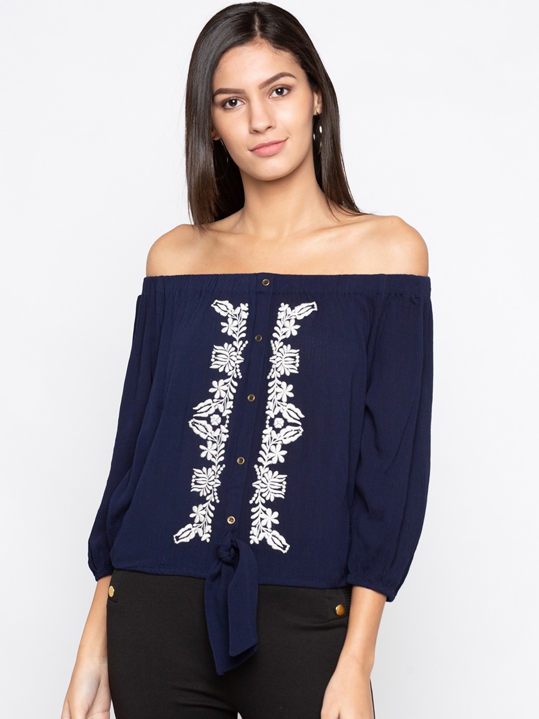 

Globus Women Navy Blue Printed Bardot Top