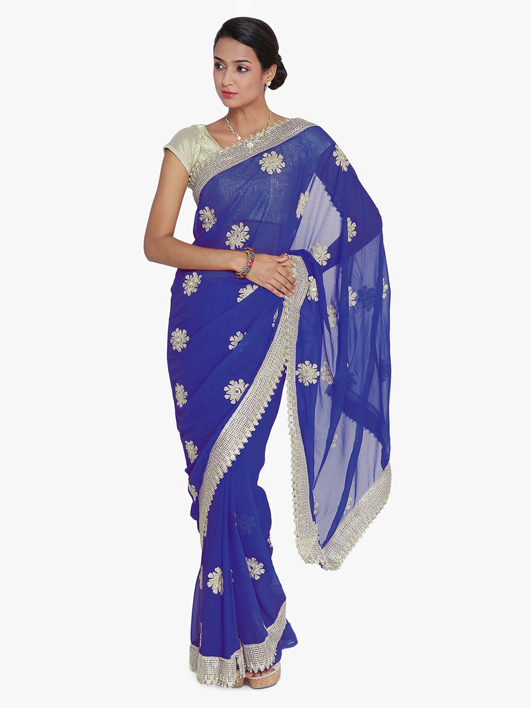 

Chhabra 555 Blue & White Poly Georgette Embroidered Saree