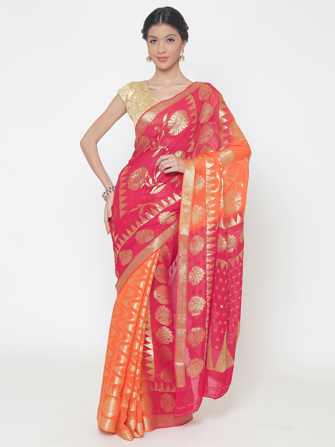 

Chhabra 555 Pink & Yellow Poly Georgette Woven Design Leheriya Saree