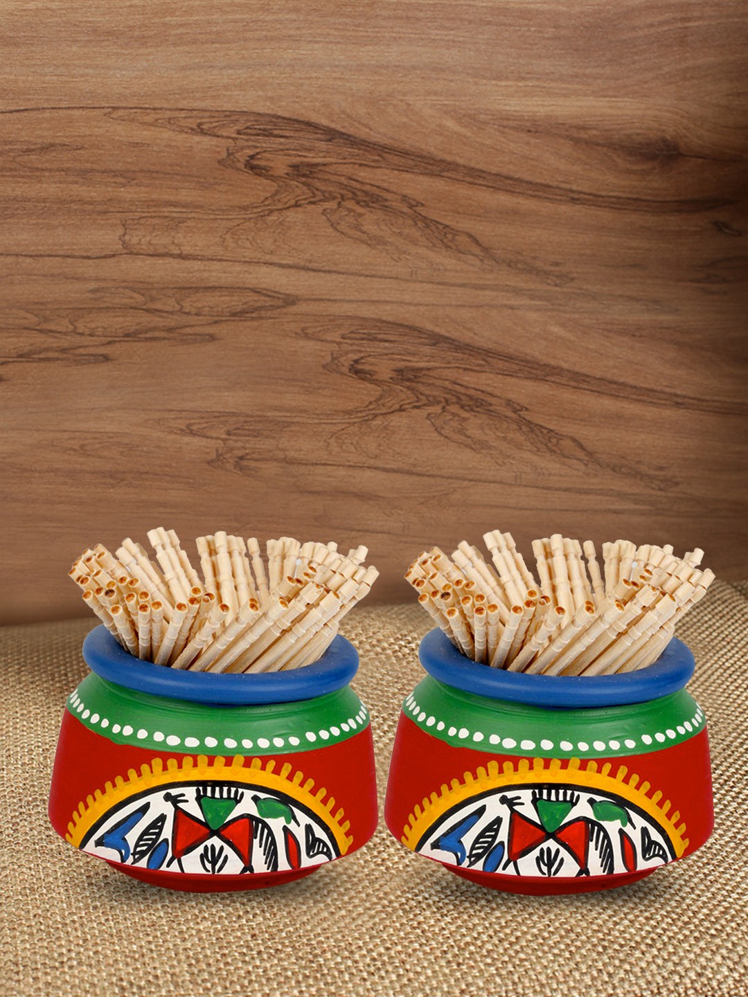 

ExclusiveLane Red & Green Hand-Painted Warli Set Of 2 Toothpick Holders