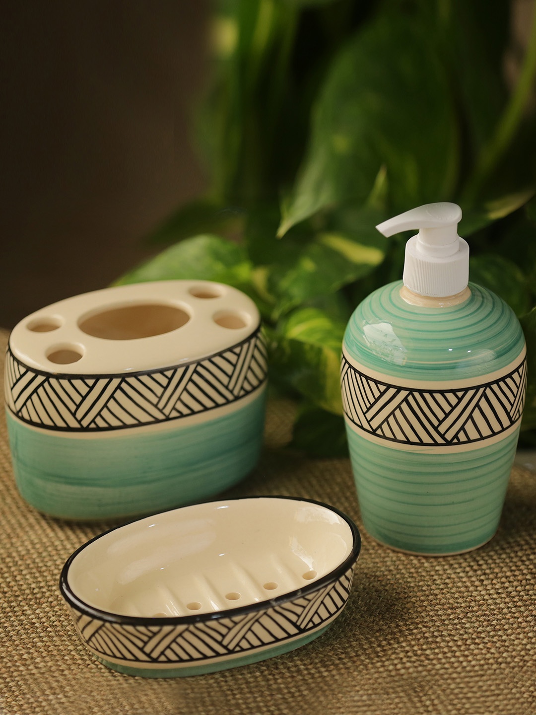 

ExclusiveLane Set Of 3 Hand-Painted Ceramic Bathroom Accessories Set, Sea green