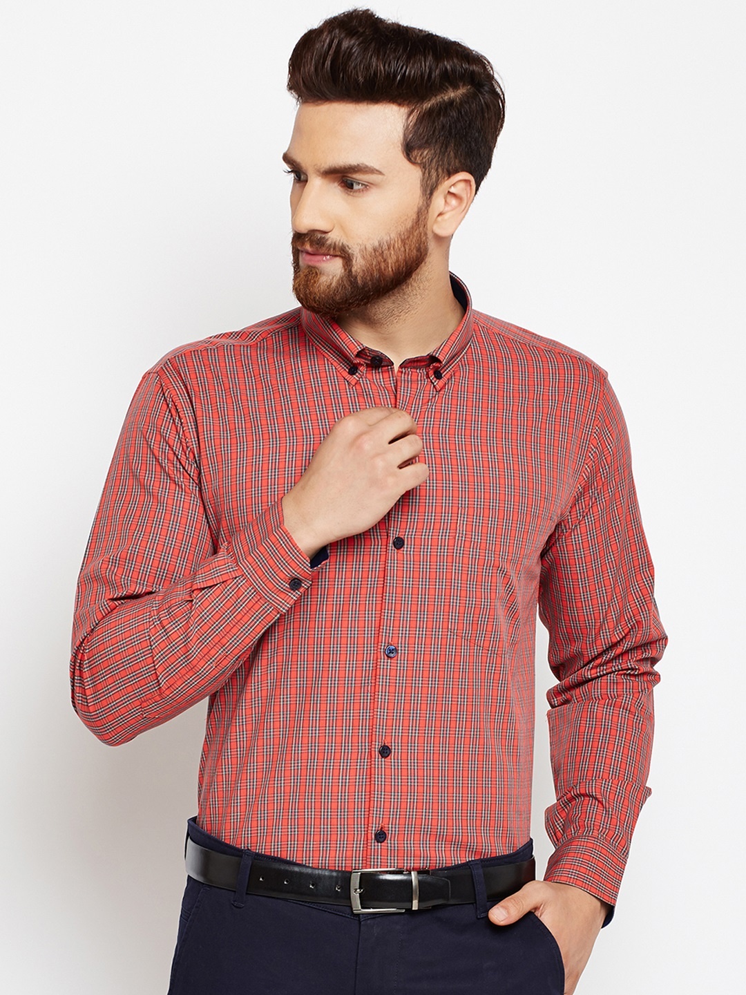 

Hancock Men Orange & Green Slim Fit Checked Formal Shirt