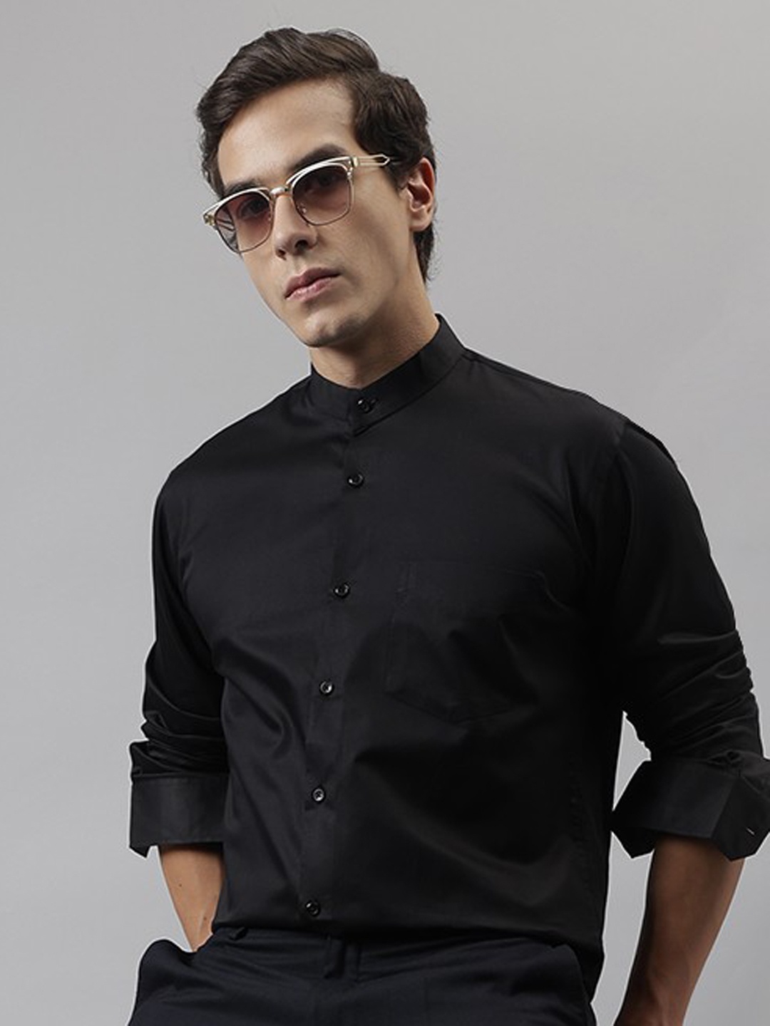 

Hancock Men Black Solid Satin Slim Fit Pure Cotton Tuxedo Formal Shirt