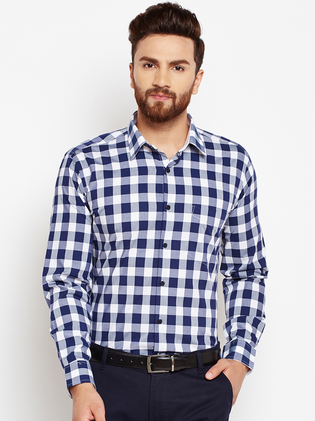 

Hancock Men Navy Blue Slim Fit Checked Formal Shirt