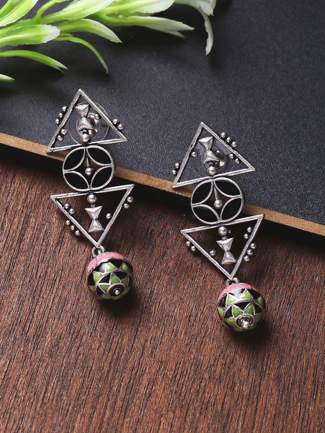 

Voylla Multicoloured Silver-Plated Triangular Drop Earrings, Multi