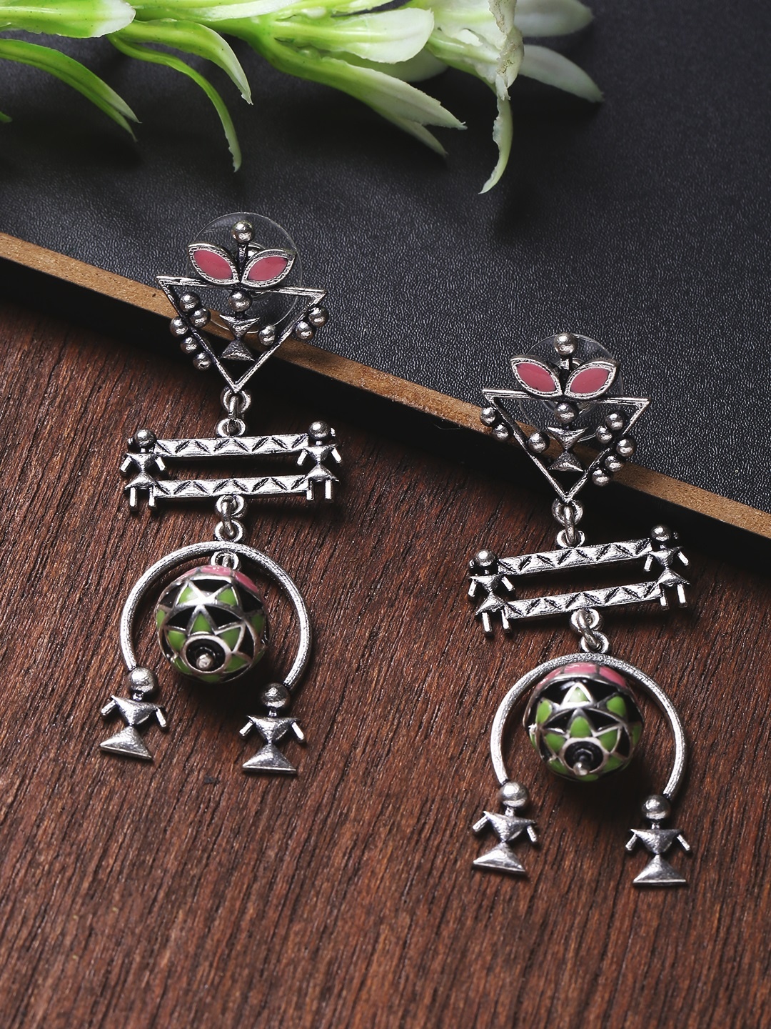 

Voylla Silver-Toned Circular Enemelled Drop Earrings