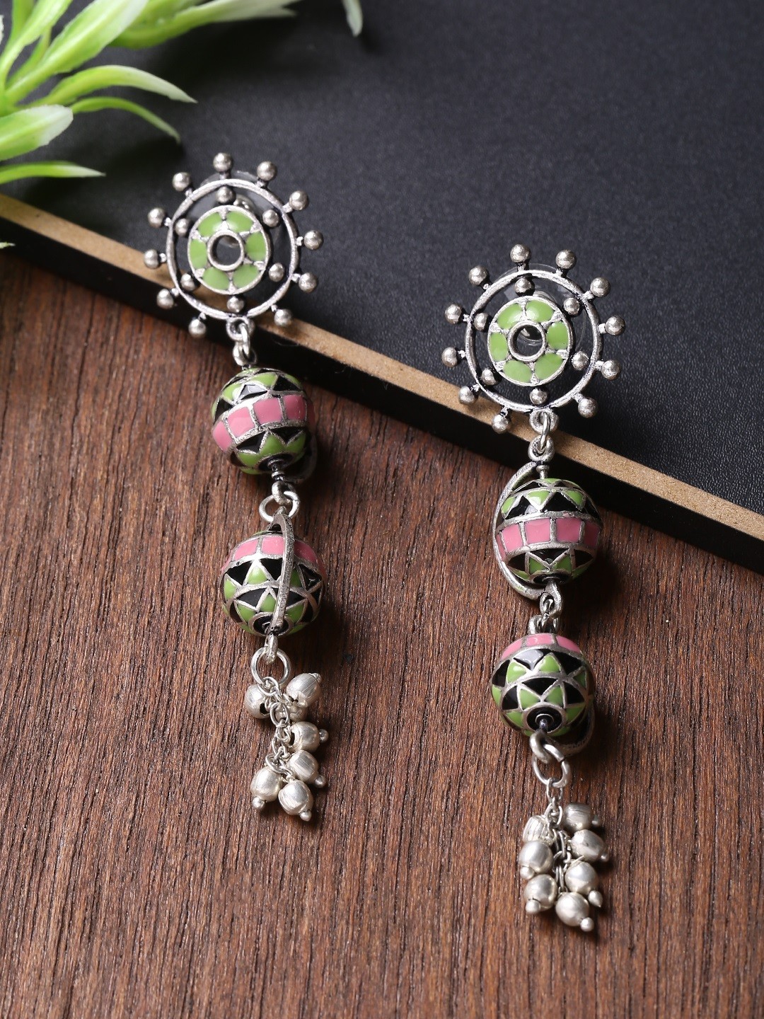 

Voylla Silver-Toned Circular Enemelled Drop Earrings