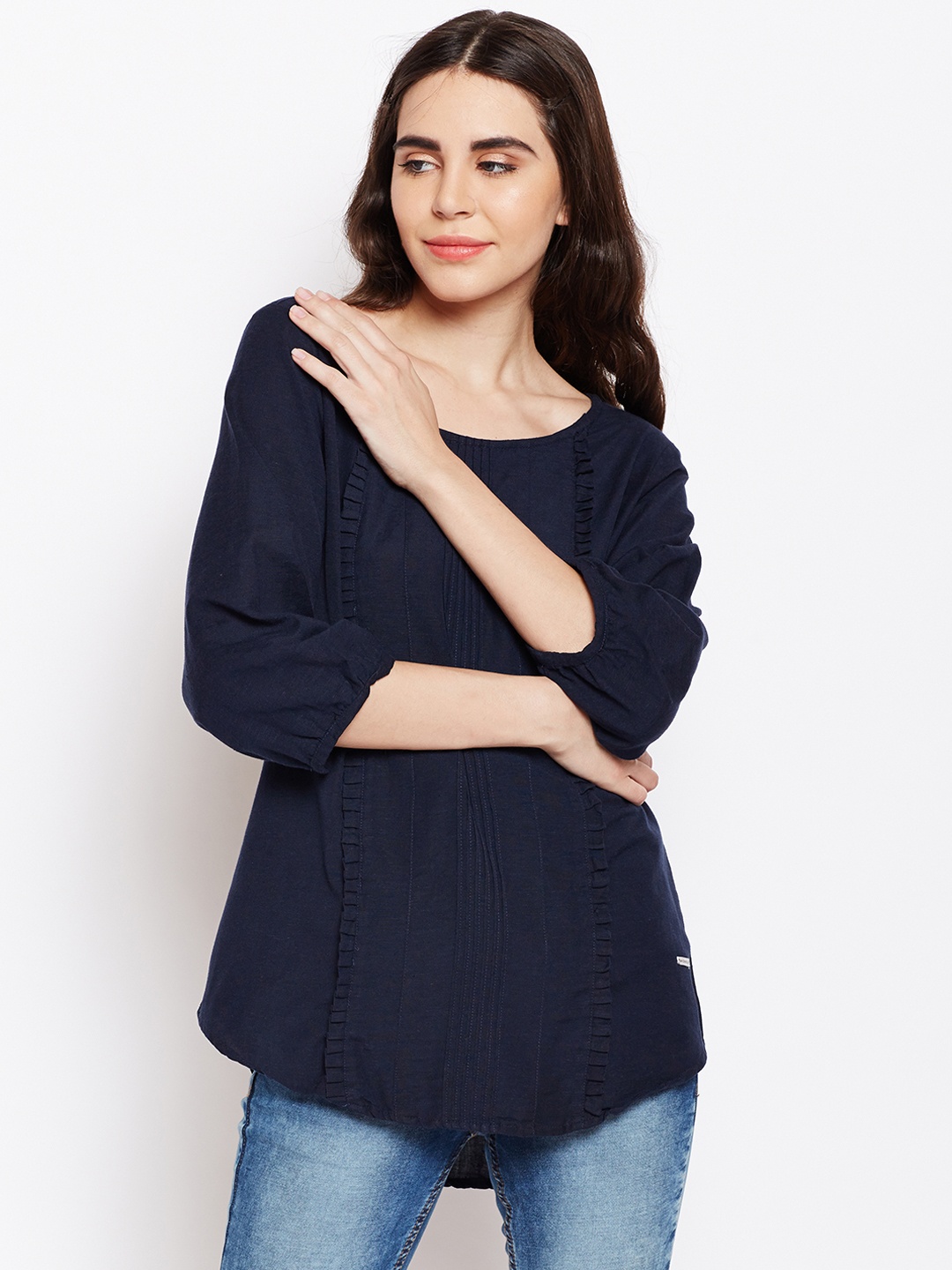 

Crimsoune Club Women Navy Blue Solid High-Low Longline Top