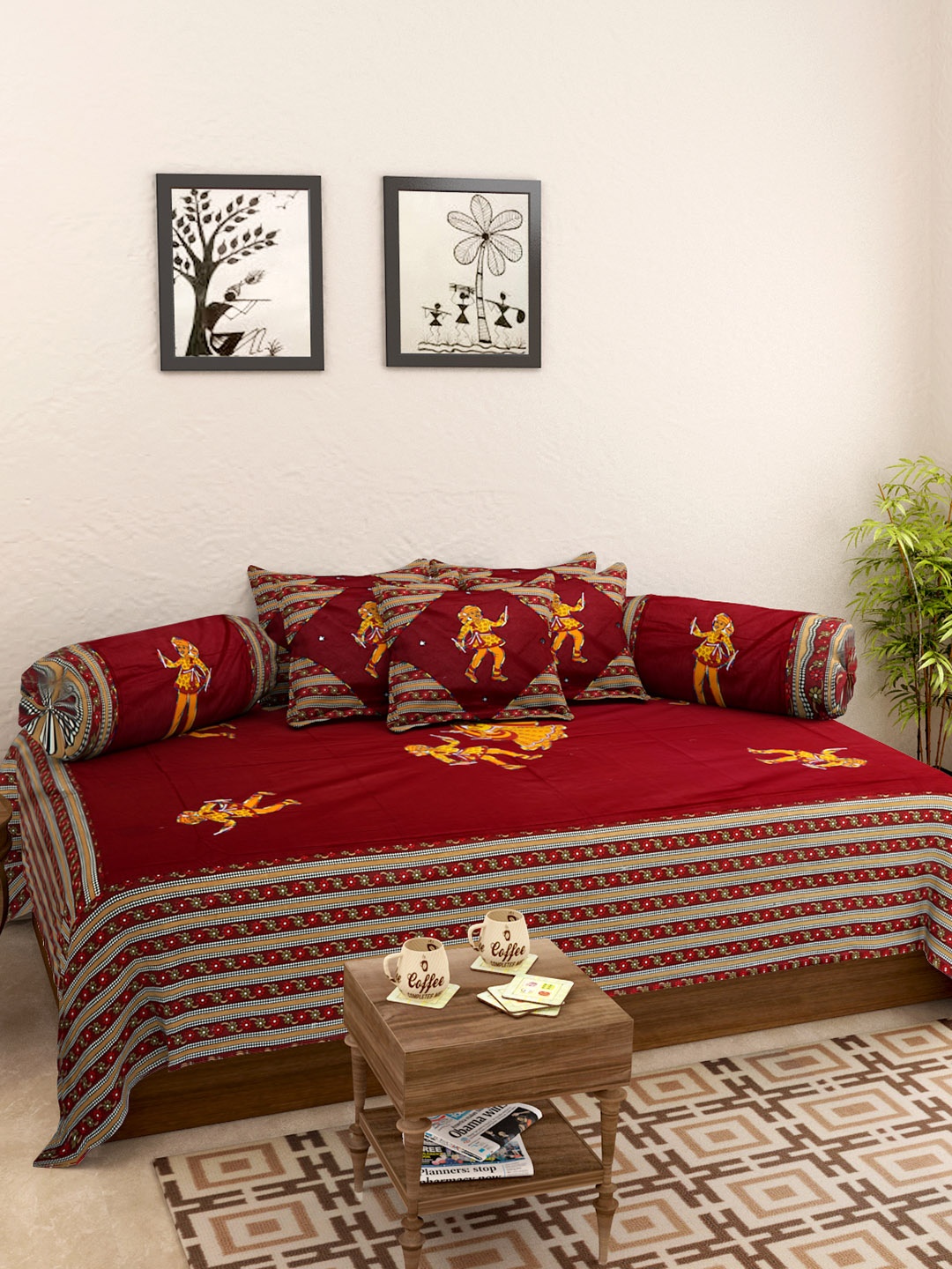 

Rajasthan Decor Maroon & Yellow Printed Diwan Set