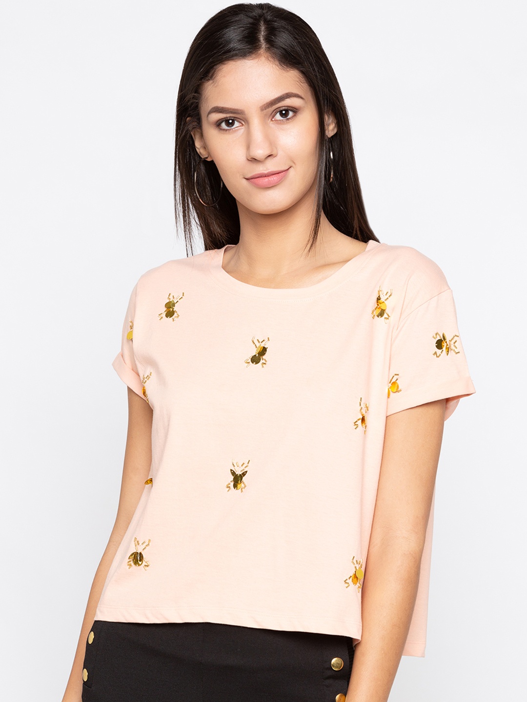 

Globus Women Peach-Coloured Self Design Round Neck T-shirt